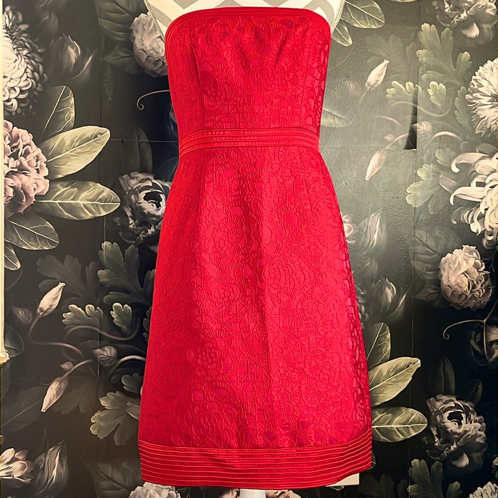 Badgley Mischka Strapless Red Lace Cocktail Dress